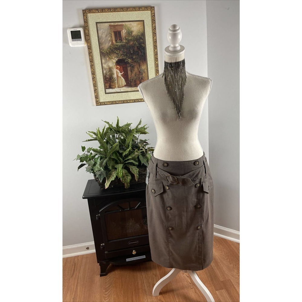 Worthington Women's Brown Skirt Side Zipper Size 12 Waist Belt Botton‎ Accent
